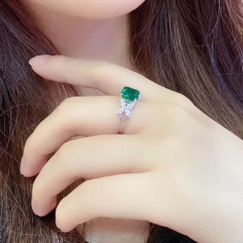 2.09 Ct Asscher Cut Lab Emerald Snowflake Three-Stone Engagement Ring - LGG Jewelry