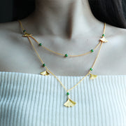 Golden Ginkgo & Green Hetian Jasper Long Necklace