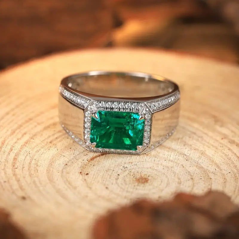 2.5 Ct Columbia Lab Emerald Halo Wedding Ring For Men - LGG Jewelry