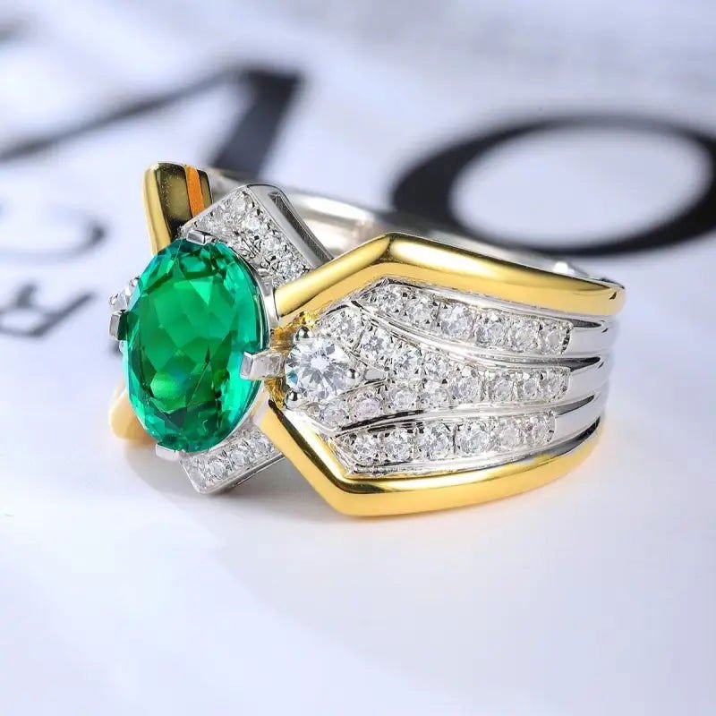 2.5 Ct Oval Shape Columbia Lab Emerald 14K Yellow Gold Wedding Ring For Men - LGG Jewelry