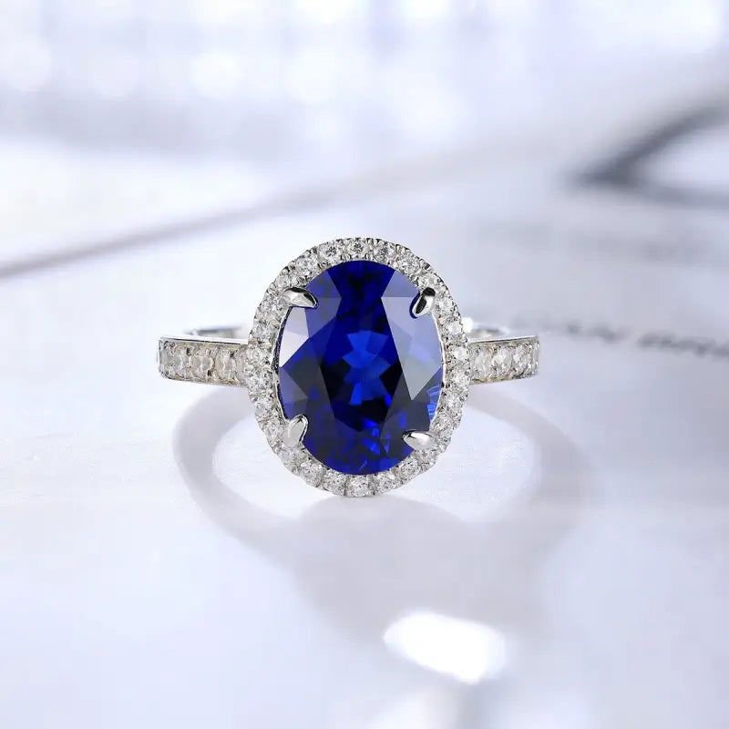 2.5 Ct Oval Shape Lab Blue Sapphire Half Pave Halo Engagement Ring - LGG Jewelry