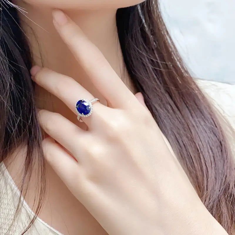 2.5 Ct Oval Shape Lab Blue Sapphire Half Pave Halo Engagement Ring - LGG Jewelry