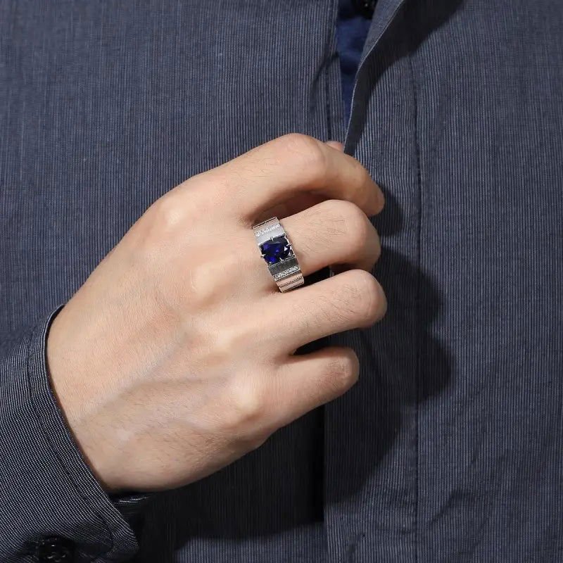 2.5 Ct Oval Shape Lab Blue Sapphire Tension Wedding Ring For Men - LGG Jewelry