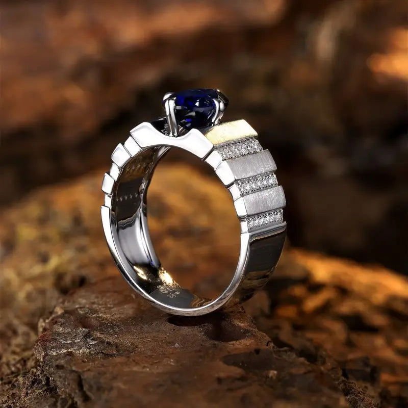 2.5 Ct Oval Shape Lab Blue Sapphire Tension Wedding Ring For Men - LGG Jewelry