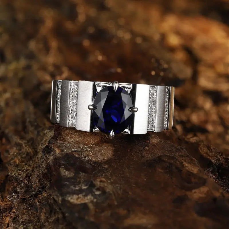 2.5 Ct Oval Shape Lab Blue Sapphire Tension Wedding Ring For Men - LGG Jewelry