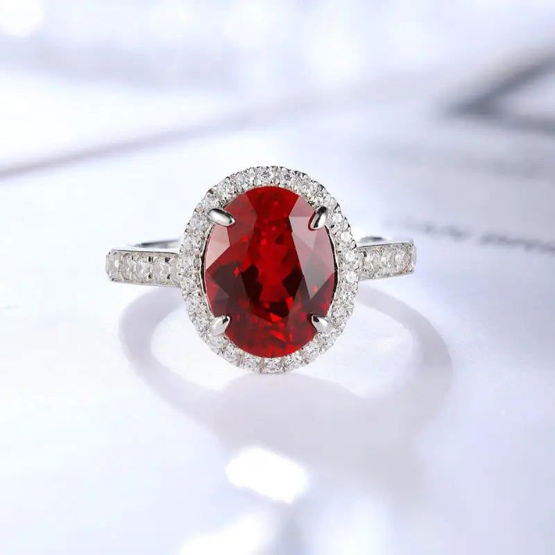 2.5 Ct Oval Shape Lab Ruby Half Pave Halo Engagement Ring - LGG Jewelry