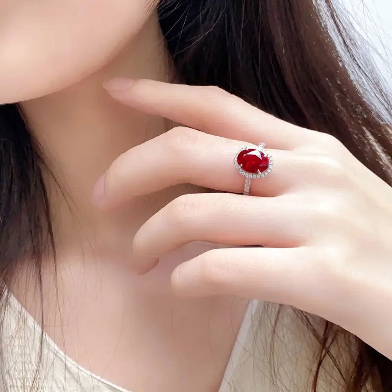 2.5 Ct Oval Shape Lab Ruby Half Pave Halo Engagement Ring - LGG Jewelry