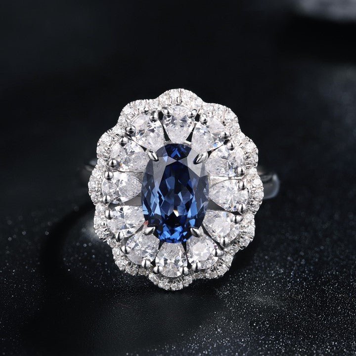 2.6 Ct Oval Cut Lab Blue Sapphire Double Cluster Engagement Ring - LGG Jewelry