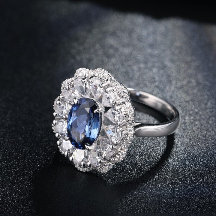 2.6 Ct Oval Cut Lab Blue Sapphire Double Cluster Engagement Ring - LGG Jewelry