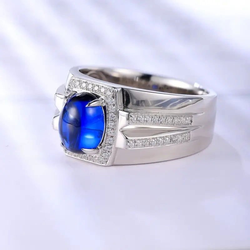 2.8 Ct Oval Shape Lab Blue Sapphire Halo Wedding Ring For Men - LGG Jewelry
