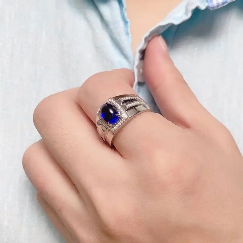 2.8 Ct Oval Shape Lab Blue Sapphire Halo Wedding Ring For Men - LGG Jewelry