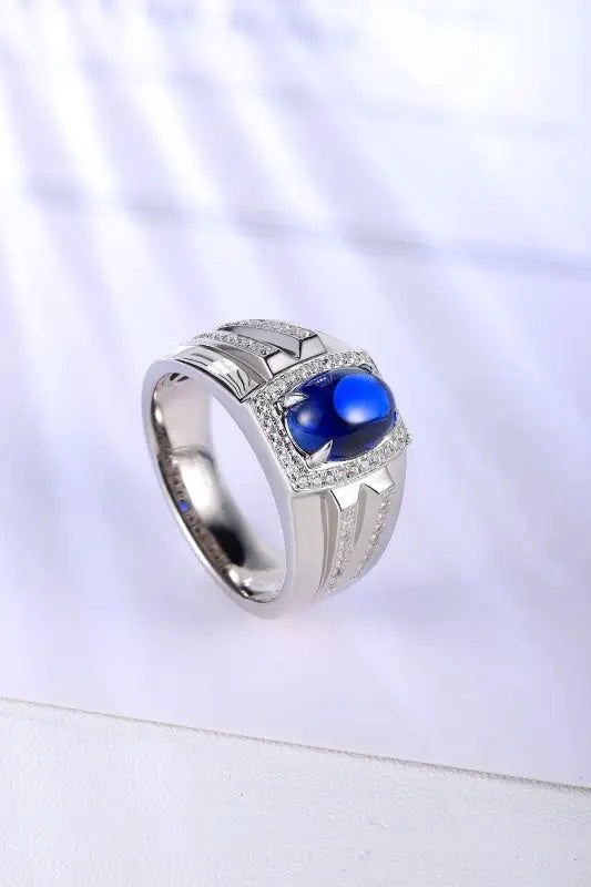 2.8 Ct Oval Shape Lab Blue Sapphire Halo Wedding Ring For Men - LGG Jewelry