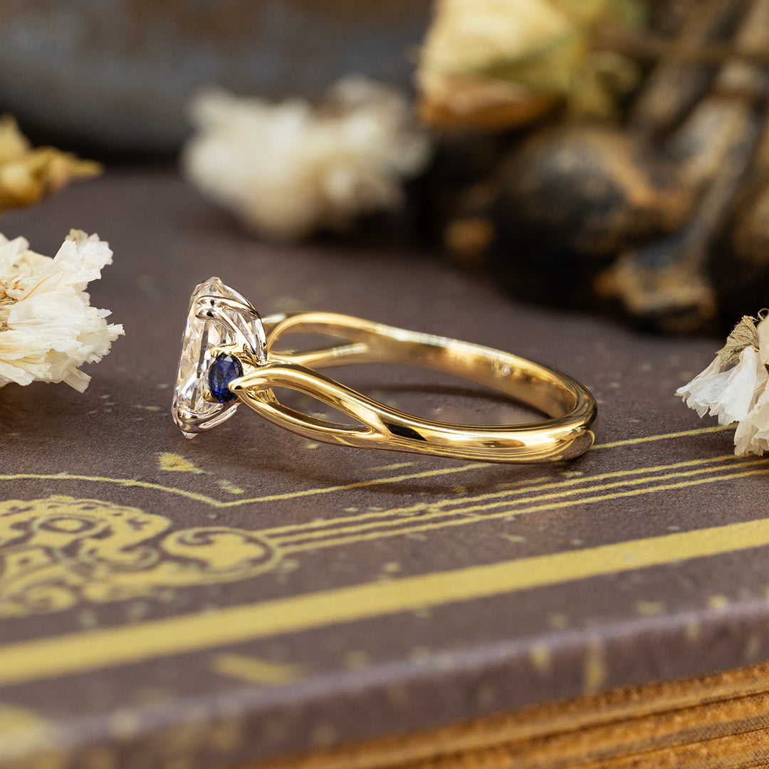 2 CT Oval Cut Lab Diamond & Blue Sapphire Three-Stone Engagement Ring