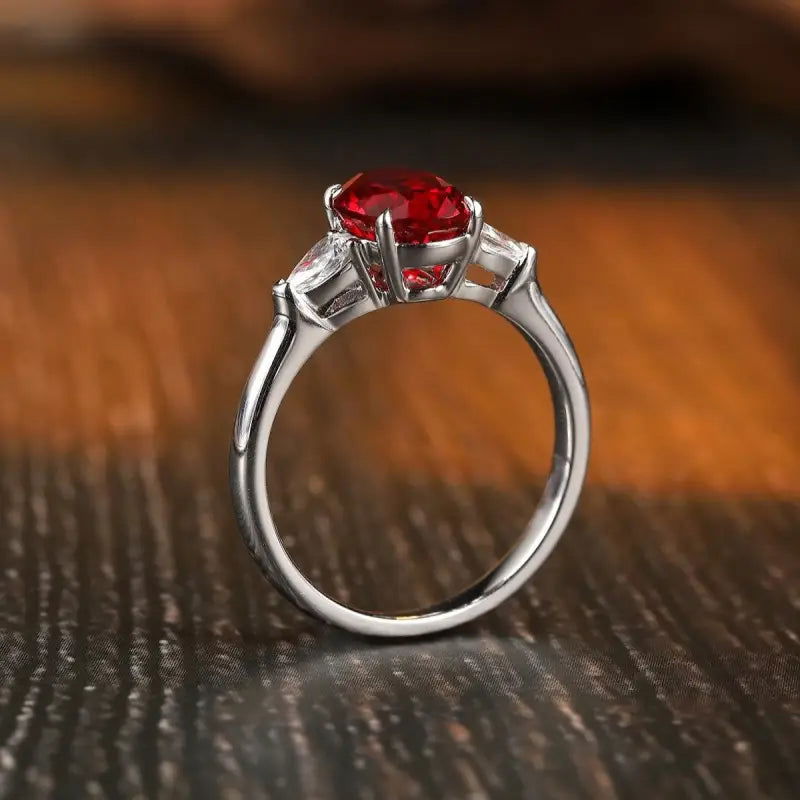 2 Ct Oval Cut Lab Ruby Three-Stone Engagement Ring - LGG Jewelry