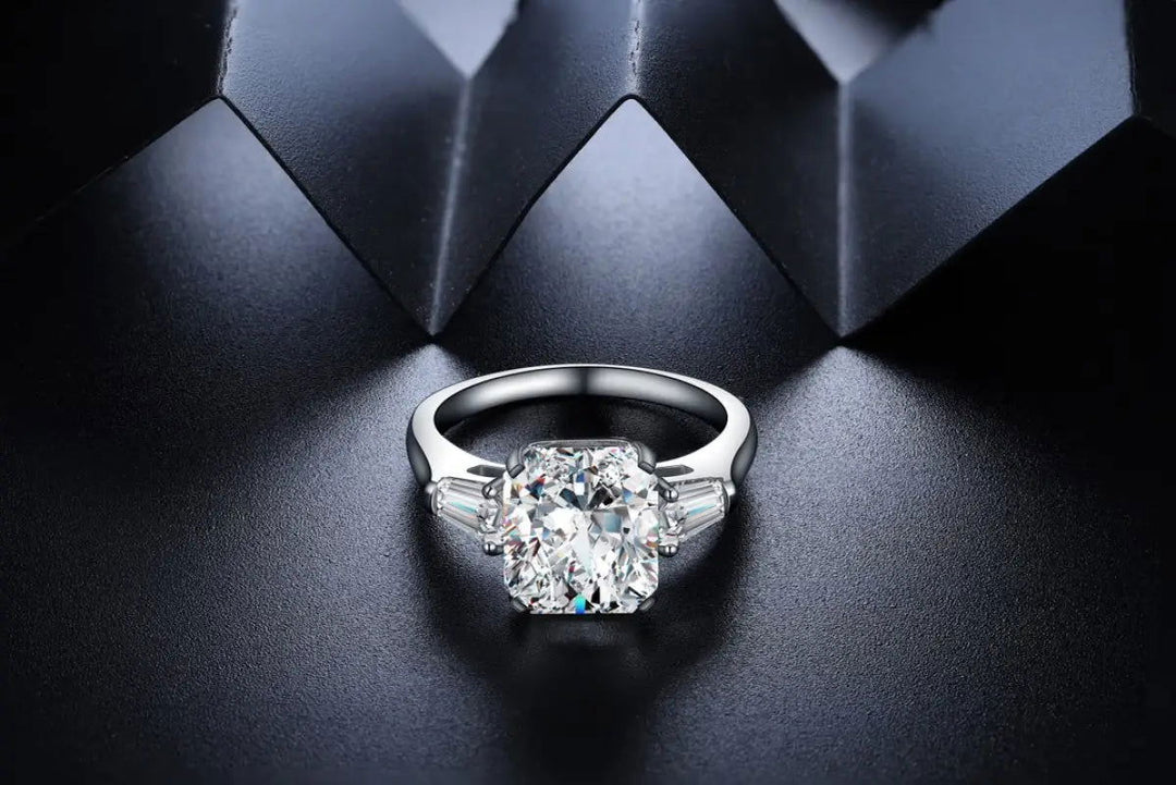 2 Ct Radiant Lab Diamond Three-Stone Engagement Ring with Tapered Baguette - LGG Jewelry