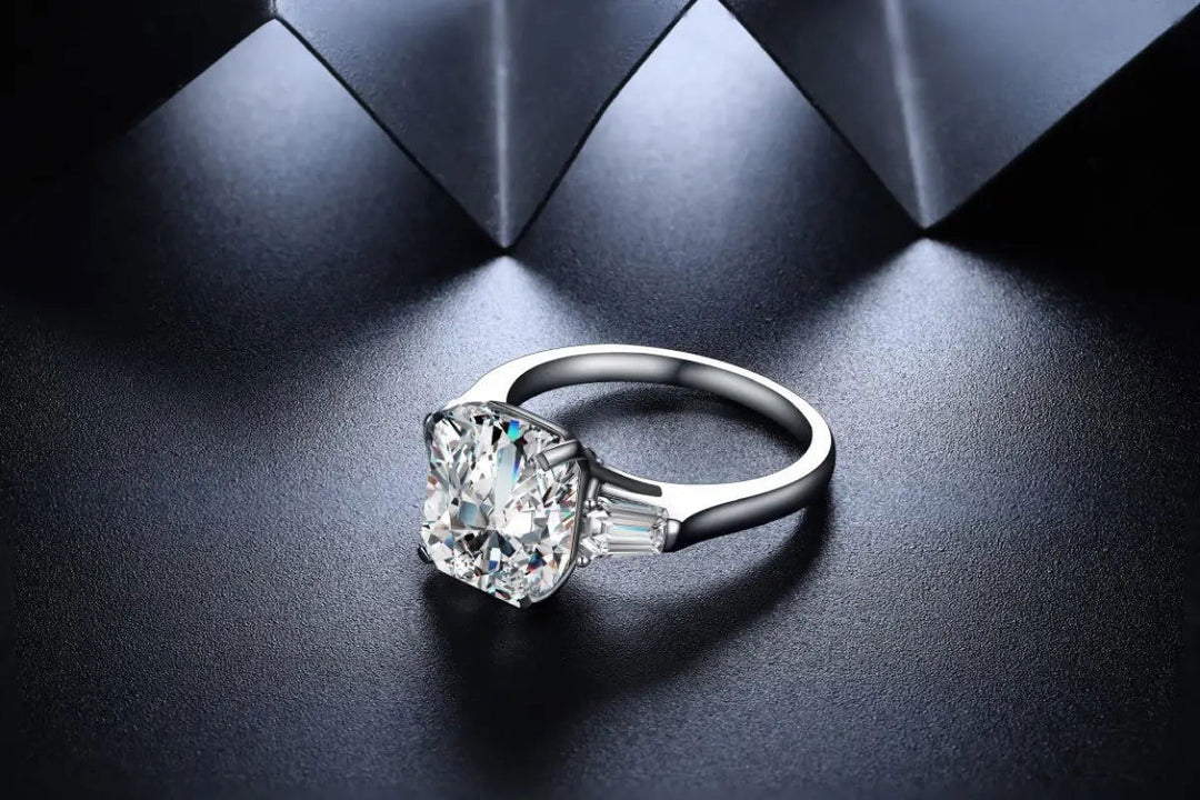 2 Ct Radiant Lab Diamond Three-Stone Engagement Ring with Tapered Baguette - LGG Jewelry