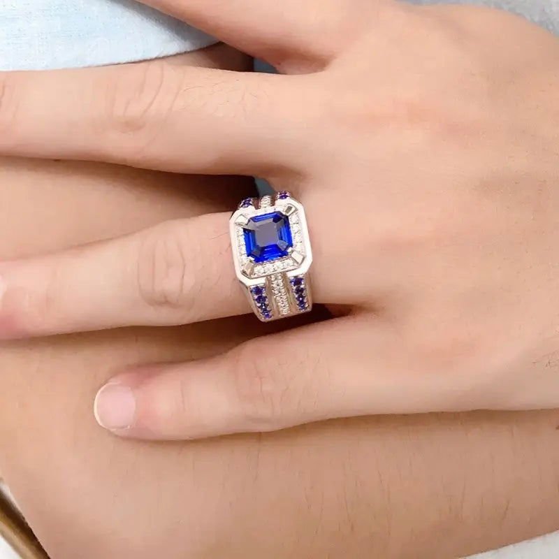 3 Ct Asscher Cut Lab Blue Sapphire Cluster Wedding Ring For Men - LGG Jewelry