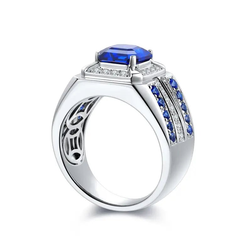 3 Ct Asscher Cut Lab Blue Sapphire Cluster Wedding Ring For Men - LGG Jewelry