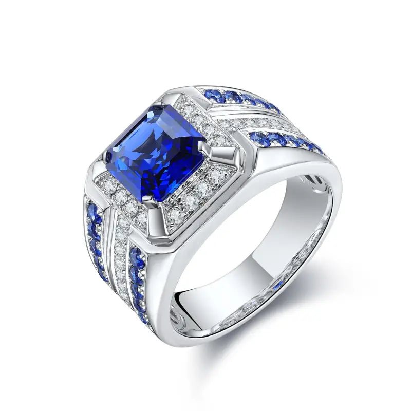 3 Ct Asscher Cut Lab Blue Sapphire Cluster Wedding Ring For Men - LGG Jewelry