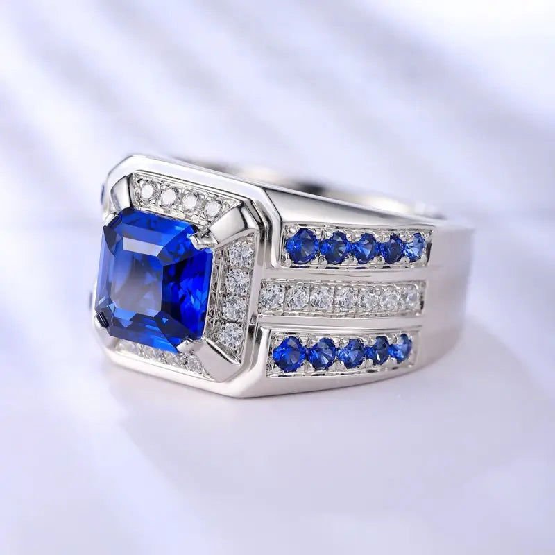 3 Ct Asscher Cut Lab Blue Sapphire Cluster Wedding Ring For Men - LGG Jewelry