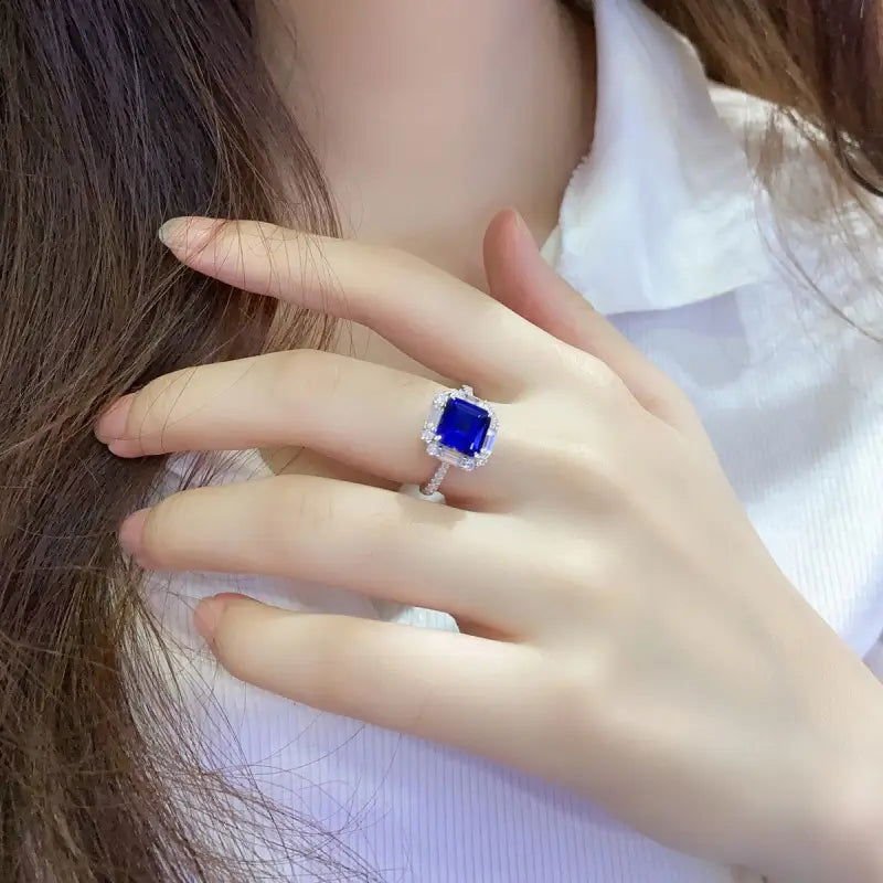 3 Ct Asscher Cut Lab Blue Sapphire Engagement Ring - LGG Jewelry