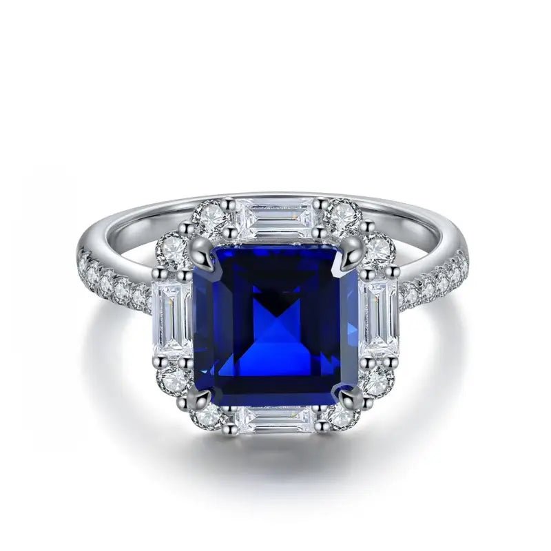 3 Ct Asscher Cut Lab Blue Sapphire Engagement Ring - LGG Jewelry