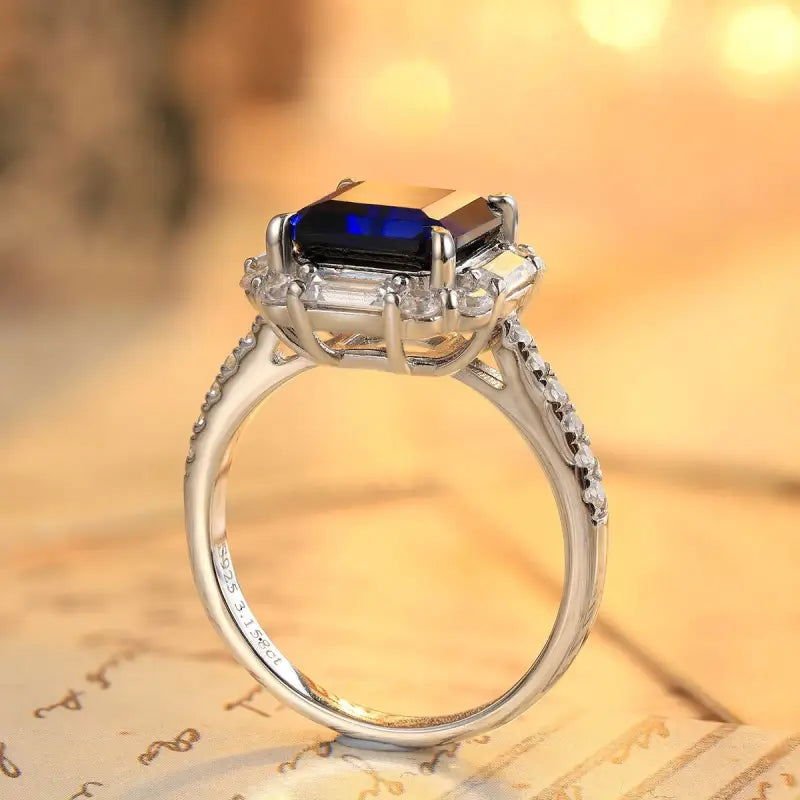 3 Ct Asscher Cut Lab Blue Sapphire Engagement Ring - LGG Jewelry
