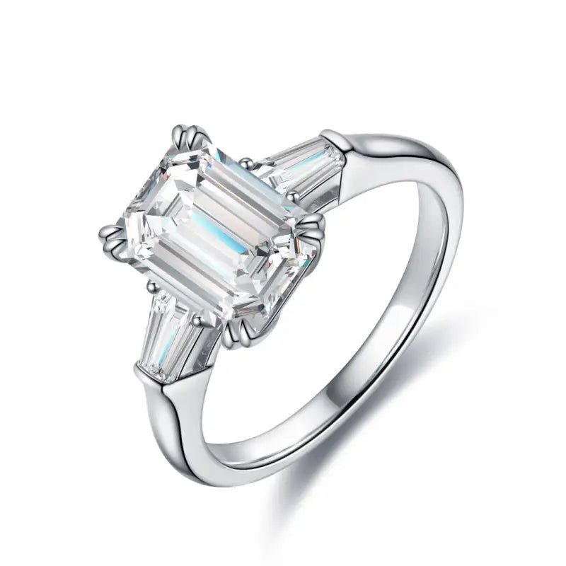 3 Ct Emerald Cut Lab Diamond Three-Stone Engagement Ring with two Tapered Baguette - LGG Jewelry