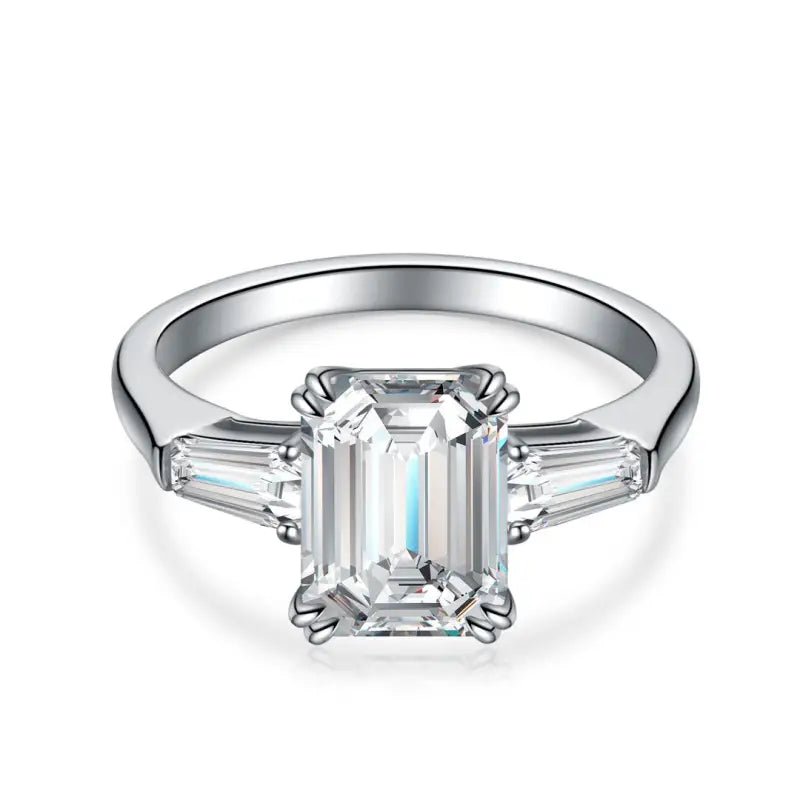3 Ct Emerald Cut Lab Diamond Three-Stone Engagement Ring with two Tapered Baguette - LGG Jewelry
