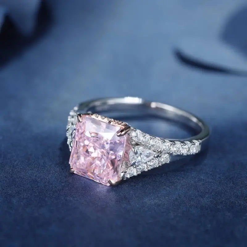 3 Ct Fancy Light Pink Radiant Lab Diamond & 2 Pear Side Stones Half Pave Engagement Ring (Setting Price Only) - LGG Jewelry