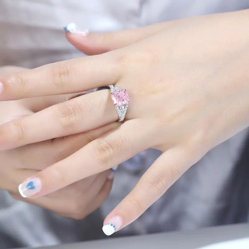 3 Ct Fancy Light Pink Radiant Lab Diamond & 2 Pear Side Stones Half Pave Engagement Ring (Setting Price Only) - LGG Jewelry
