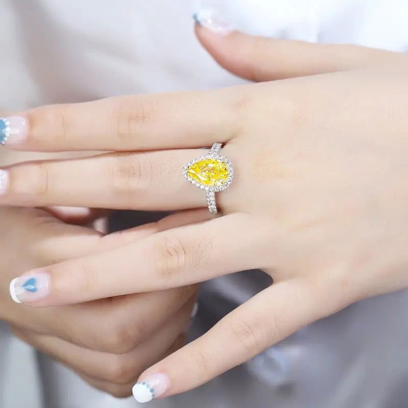 3 Ct Fancy Vivid Yellow Pear Shape Lab Diamond Halo Half Pave Engagement Ring (Setting Price Only) - LGG Jewelry