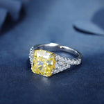 Lade Bild in die Galerieansicht, 3 Ct Fancy Vivid Yellow Radiant Lab Diamond &amp; 2 Pear Side Stones Half Pave Engagement Ring (Setting Price Only)) - LGG Jewelry