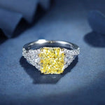 Lade Bild in die Galerieansicht, 3 Ct Fancy Vivid Yellow Radiant Lab Diamond &amp; 2 Pear Side Stones Half Pave Engagement Ring (Setting Price Only)) - LGG Jewelry