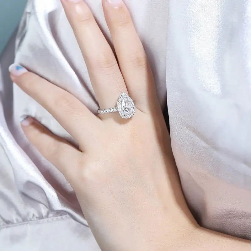 3 Ct Pear Shape Lab Diamond Halo Half Pave Engagement Ring - LGG Jewelry