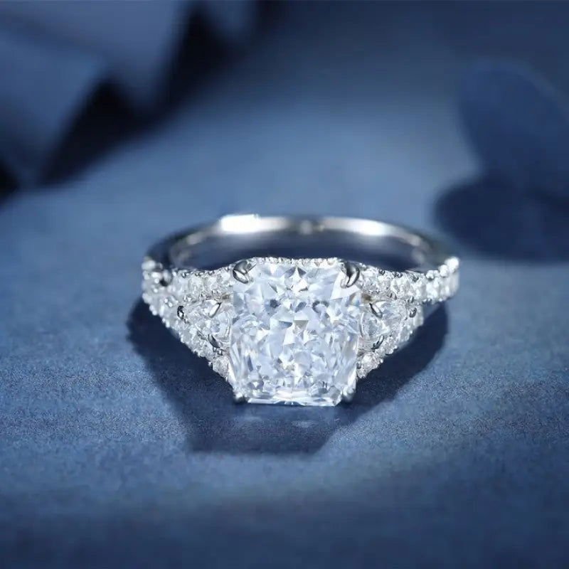 3 Ct Radiant Lab Diamond & 2 Pear Side Stones Half Pave Engagement Ring - LGG Jewelry