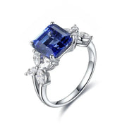 3.45 Ct Asscher Cut Lab Blue Sapphire Snowflake Three-Stone Engagement Ring - LGG Jewelry