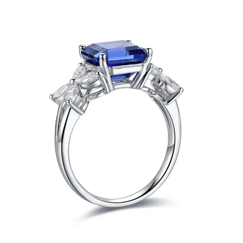 3.45 Ct Asscher Cut Lab Blue Sapphire Snowflake Three-Stone Engagement Ring - LGG Jewelry