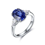 3.4 Ct Oval Cut Lab Blue Sapphire Three-Stone Engagement Ring - LGG Jewelry
