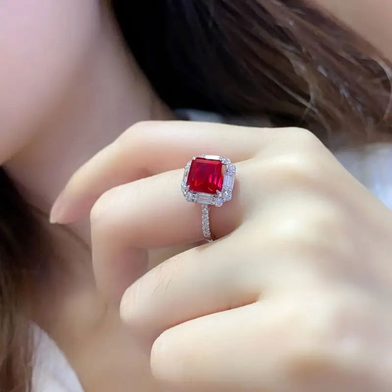 3.5 Ct Asscher Cut Lab Ruby Engagement Ring - LGG Jewelry