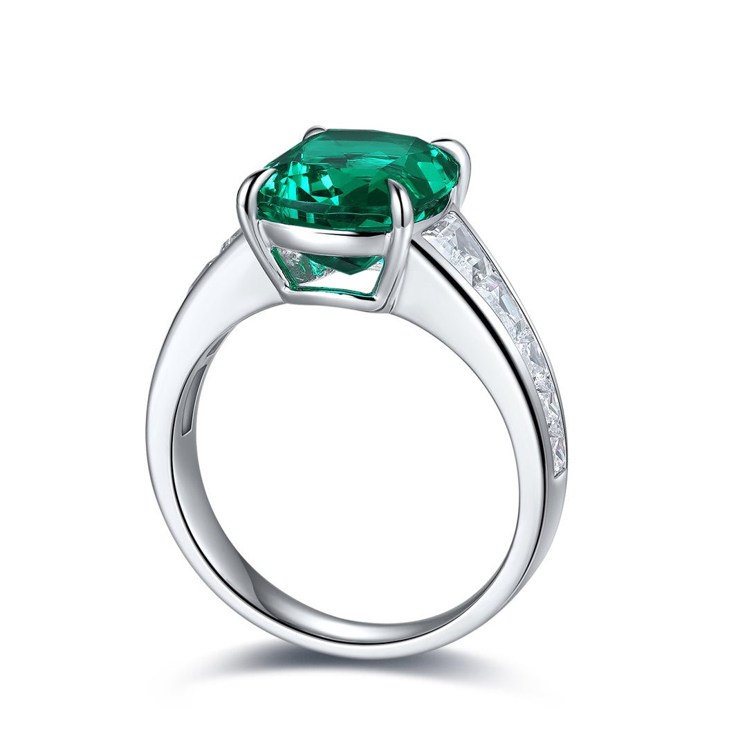 3.5 Ct Cushion Shape Lab Emerald Four Prongs Graduating Pave Engagement Ring - LGG Jewelry