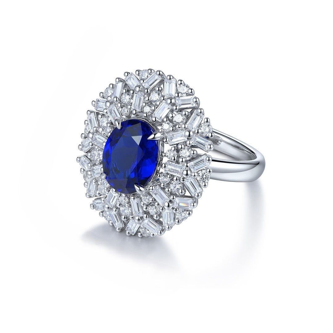 3.5 Ct Oval Cut Lab Blue Sapphire Art Deco Inspired Engagement Ring - LGG Jewelry