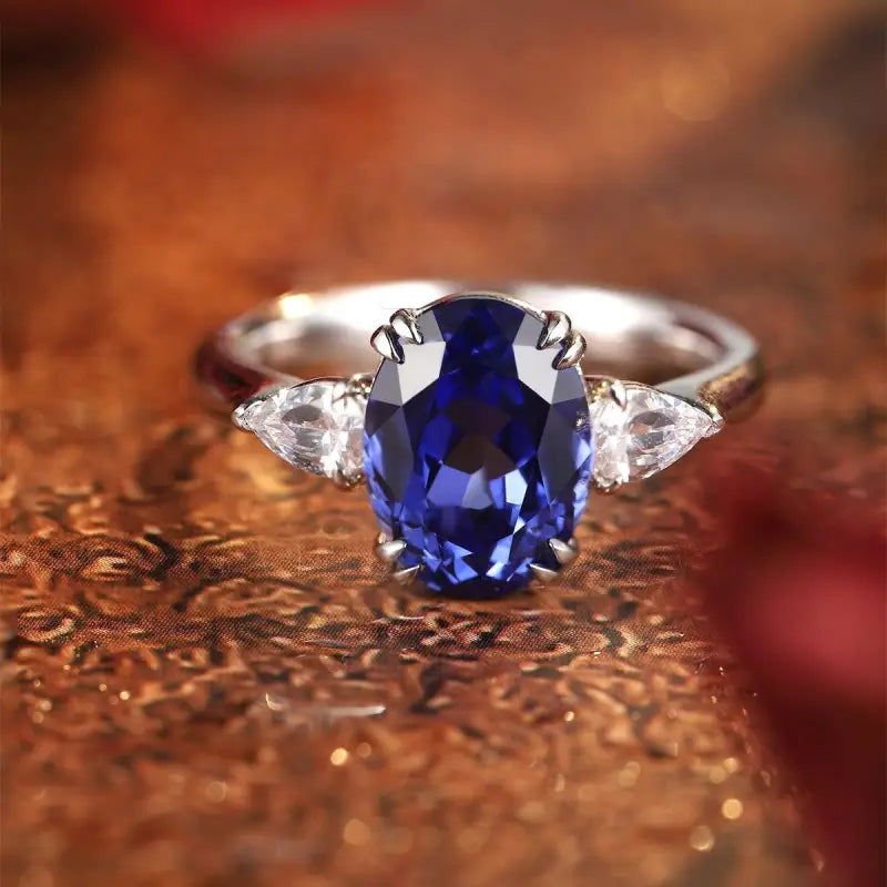 3.4 Ct Oval Cut Lab Blue Sapphire Three-Stone Engagement Ring - LGG Jewelry