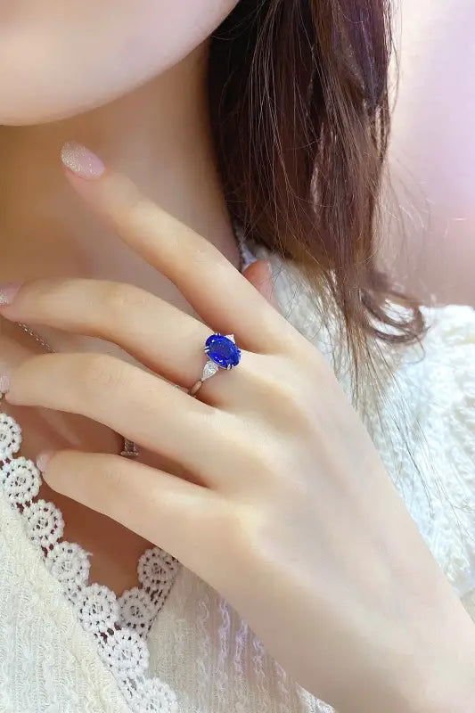 3.4 Ct Oval Cut Lab Blue Sapphire Three-Stone Engagement Ring - LGG Jewelry