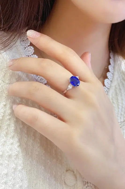 3.4 Ct Oval Cut Lab Blue Sapphire Three-Stone Engagement Ring - LGG Jewelry
