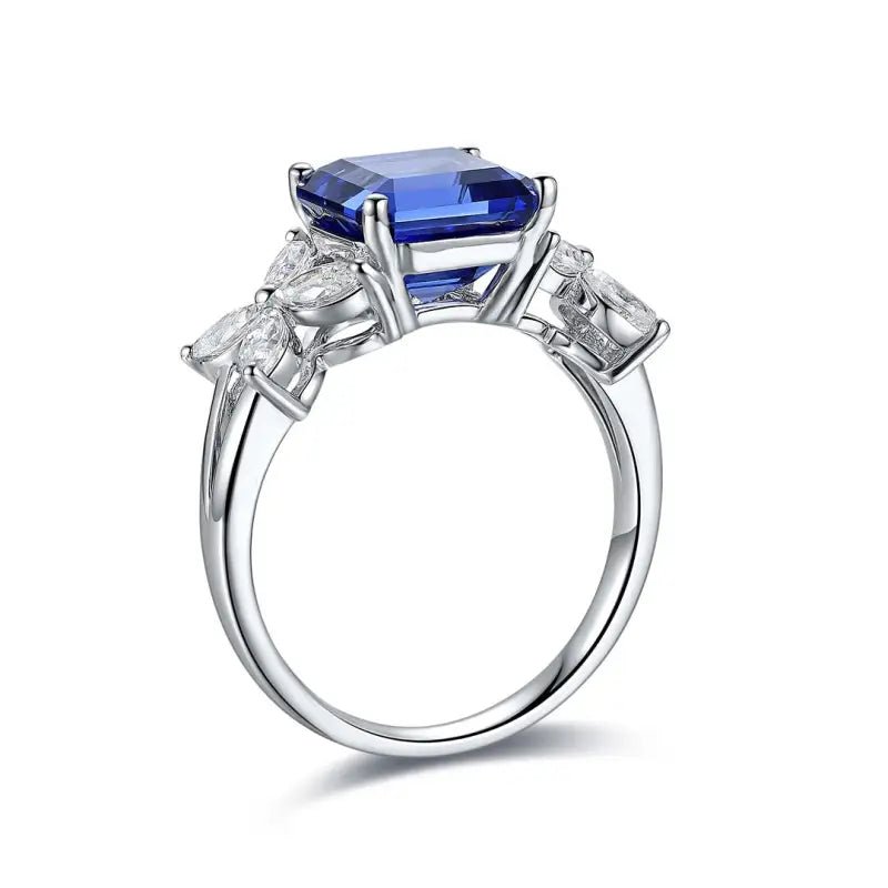 3.45 Ct Asscher Cut Lab Blue Sapphire Snowflake Three-Stone Engagement Ring - LGG Jewelry