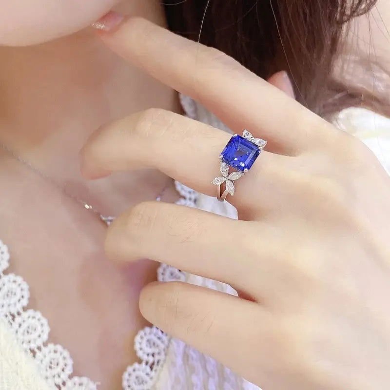 3.45 Ct Asscher Cut Lab Blue Sapphire Snowflake Three-Stone Engagement Ring - LGG Jewelry