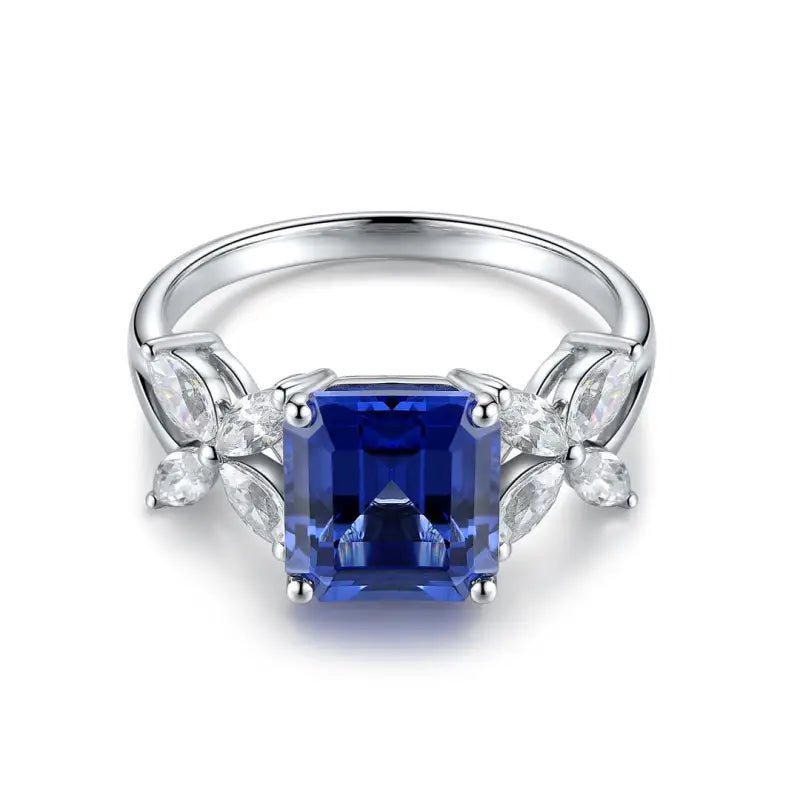 3.45 Ct Asscher Cut Lab Blue Sapphire Snowflake Three-Stone Engagement Ring - LGG Jewelry