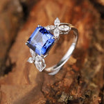 Lade Bild in die Galerieansicht, 3.45 Ct Asscher Cut Lab Blue Sapphire Snowflake Three-Stone Engagement Ring - LGG Jewelry