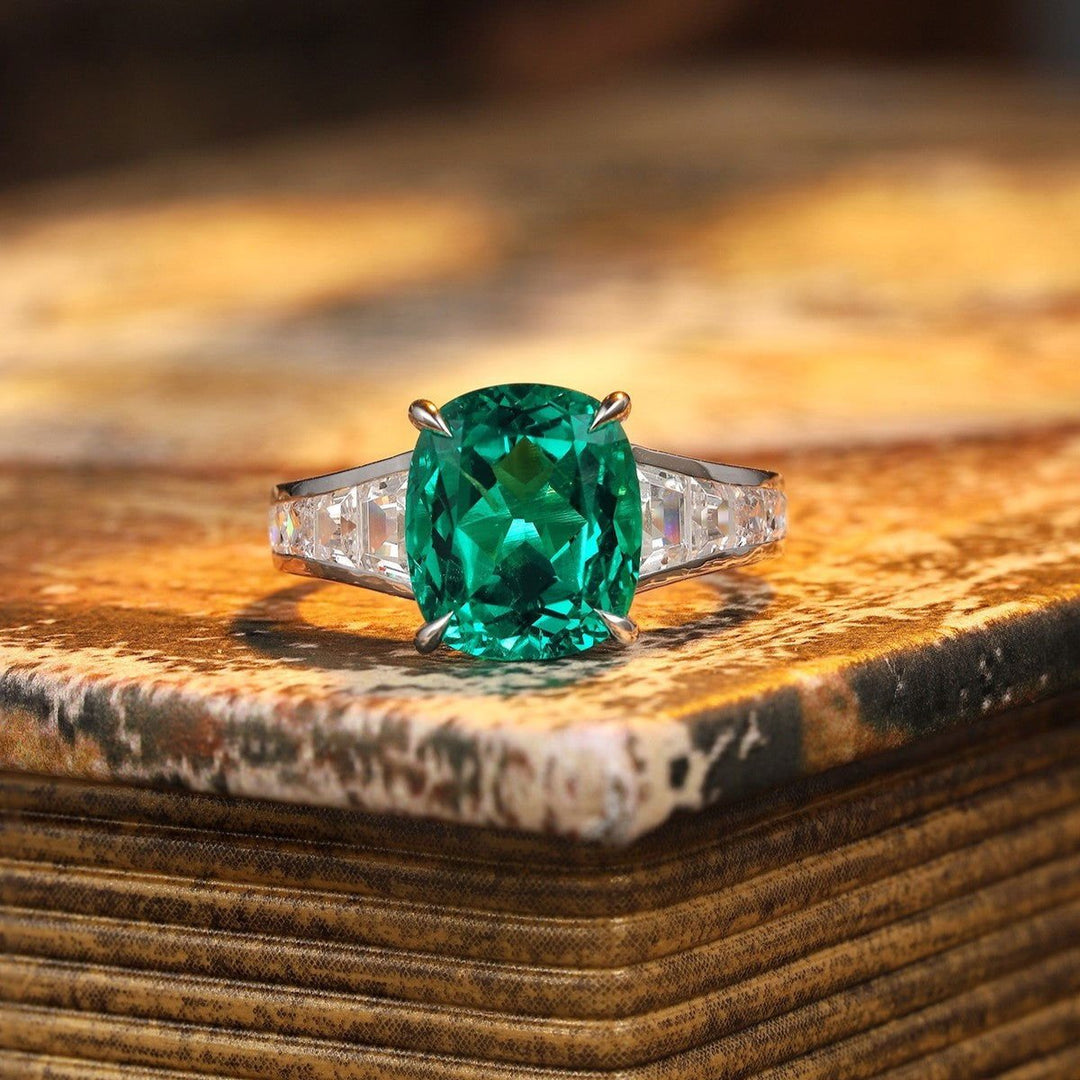 3.5 Ct Cushion Shape Lab Emerald Four Prongs Graduating Pave Engagement Ring - LGG Jewelry